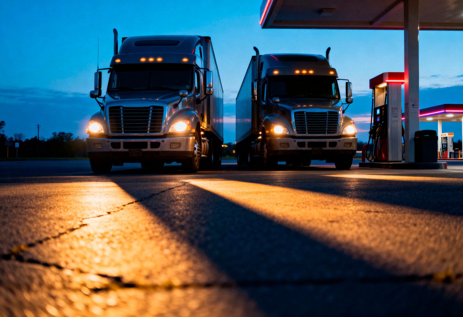 long-haul-break-semi-trucks-lit-gas-station-night